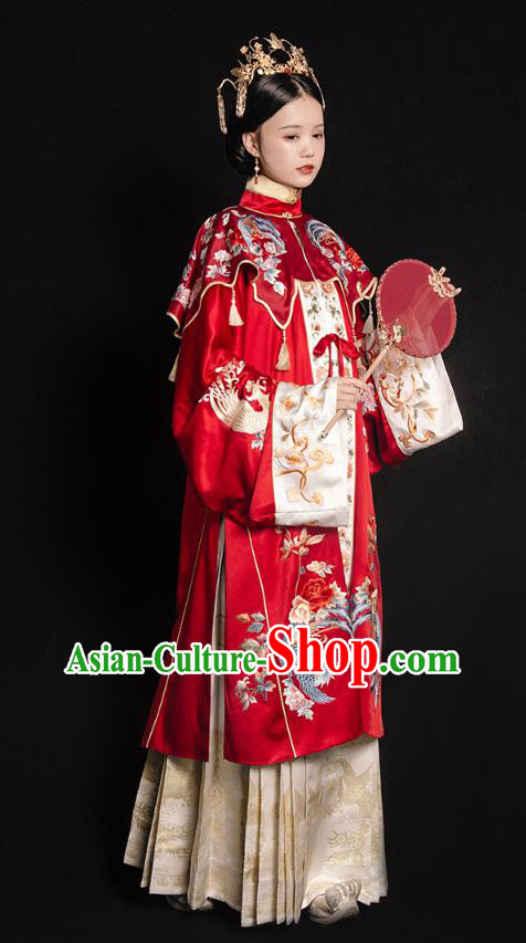 China Traditional Wedding Red Hanfu Dress Ancient Ming Dynasty Empress Embroidered Historical Clothing and Headdress Full Set
