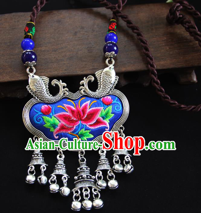China Handmade Yunnan Ethnic Silver Bells Necklet Accessories Traditional Miao Minority Embroidered Blue Necklace