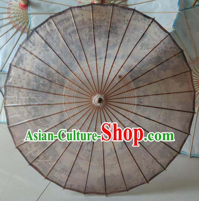 China Traditional Hanfu Brown Umbrella Classical Dance Umbrellas Handmade Riverside Scene at Qingming Festival Painting Oil Paper Umbrella
