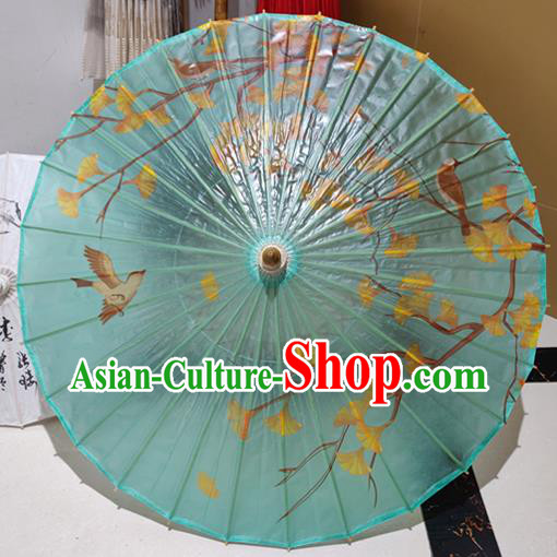 China Traditional Green Oilpaper Umbrella Classical Dance Umbrellas Handmade Painting Ginkgo Leaf Oil Paper Umbrella