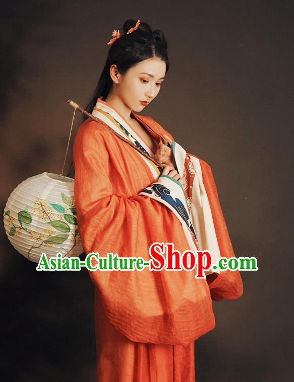 China Ancient Jin Dynasty Palace Princess Historical Clothing Traditional Orange Hanfu Dress Garment