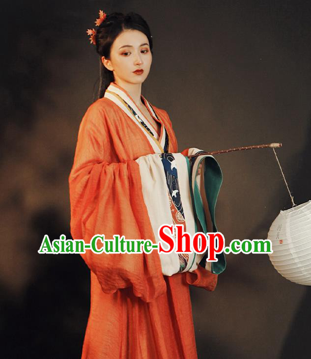 China Ancient Jin Dynasty Palace Princess Historical Clothing Traditional Orange Hanfu Dress Garment