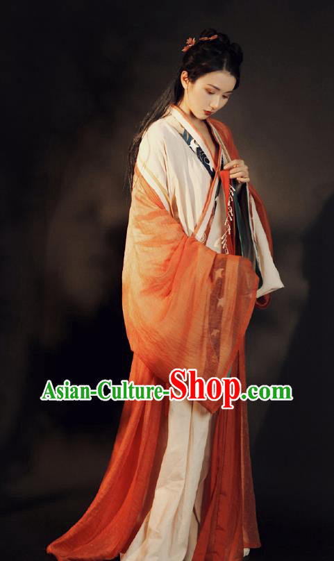 China Ancient Jin Dynasty Palace Princess Historical Clothing Traditional Orange Hanfu Dress Garment