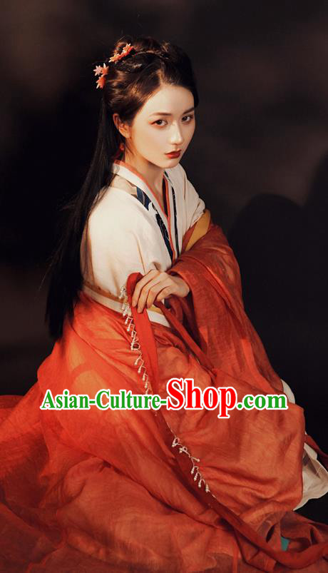 China Ancient Jin Dynasty Palace Princess Historical Clothing Traditional Orange Hanfu Dress Garment