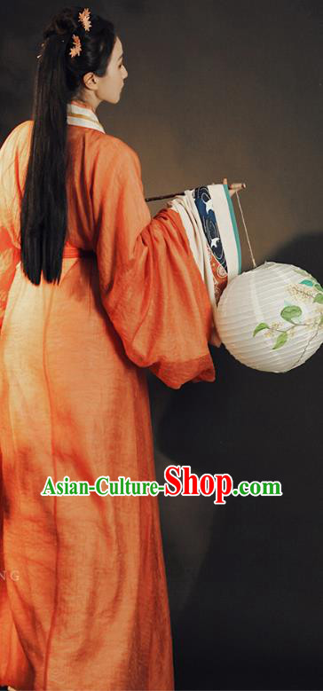 China Ancient Jin Dynasty Palace Princess Historical Clothing Traditional Orange Hanfu Dress Garment
