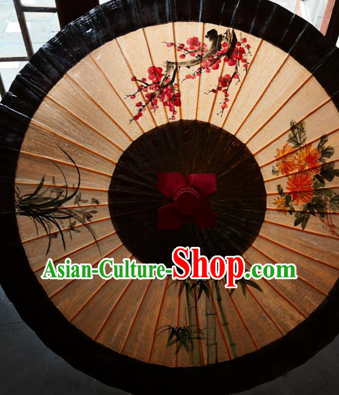 China Handmade Ink Painting Plum Orchids Bamboo Chrysanthemum Oilpaper Umbrella Traditional Oil Paper Umbrella