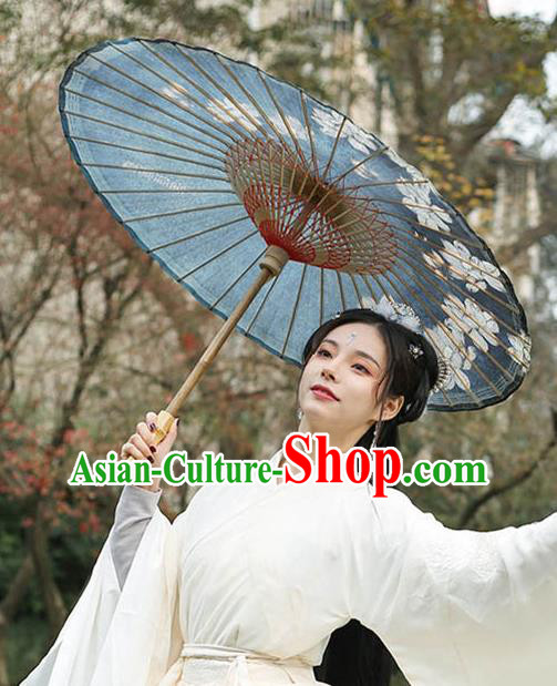 China Handmade Grey Oil Paper Umbrella Classical Dance Painting Lotus Oilpaper Umbrella Traditional Craft