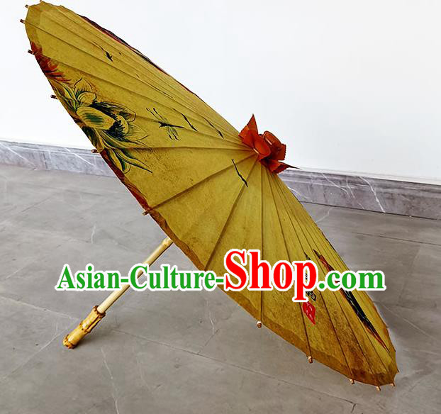 China Hand Painting Lotus Yellow Silk Umbrella Traditional Umbrella Craft Classical Dance Umbrella