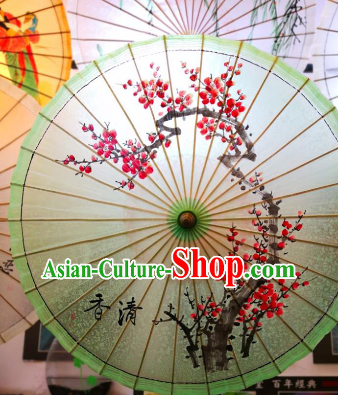 China Classical Dance Green Oil Paper Umbrella Traditional Hanfu Oilpaper Umbrella Hand Ink Painting Plum Umbrella