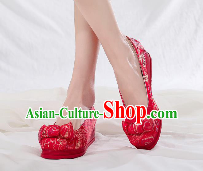 China National Wedding Bride Red Satin Shoes Traditional Cheongsam Wedge Heel Shoes