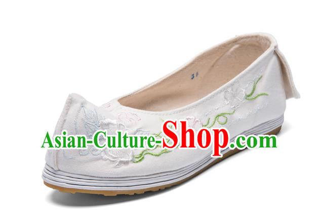 Chinese Ancient Princess Shoes Traditional Ming Dynasty Hanfu Shoes Handmade Embroidered White Bow Shoes