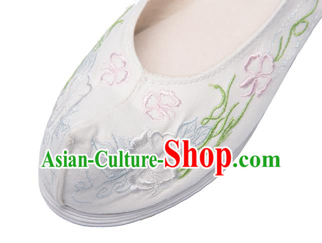 Chinese Ancient Princess Shoes Traditional Ming Dynasty Hanfu Shoes Handmade Embroidered White Bow Shoes