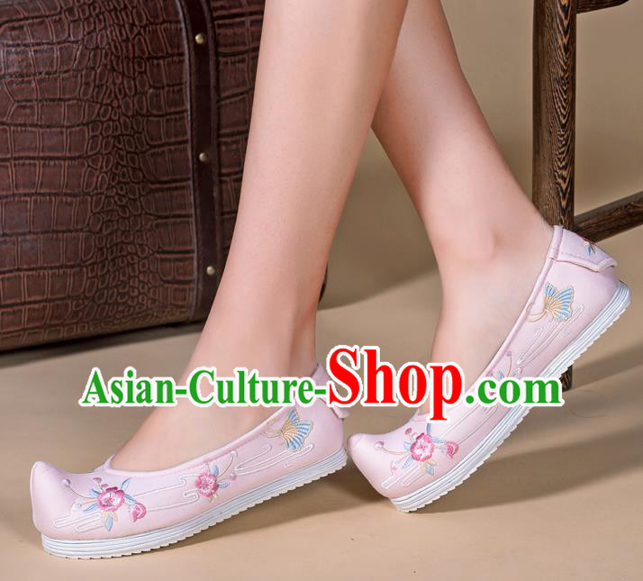 Chinese Traditional Ming Dynasty Hanfu Shoes Handmade Embroidered Pink Cloth Shoes Ancient Princess Shoes
