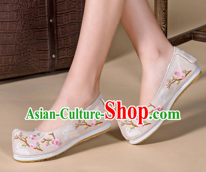 Chinese Handmade Embroidered Plum Beige Cloth Shoes Classical Dance Shoes Traditional Hanfu Bow Shoes