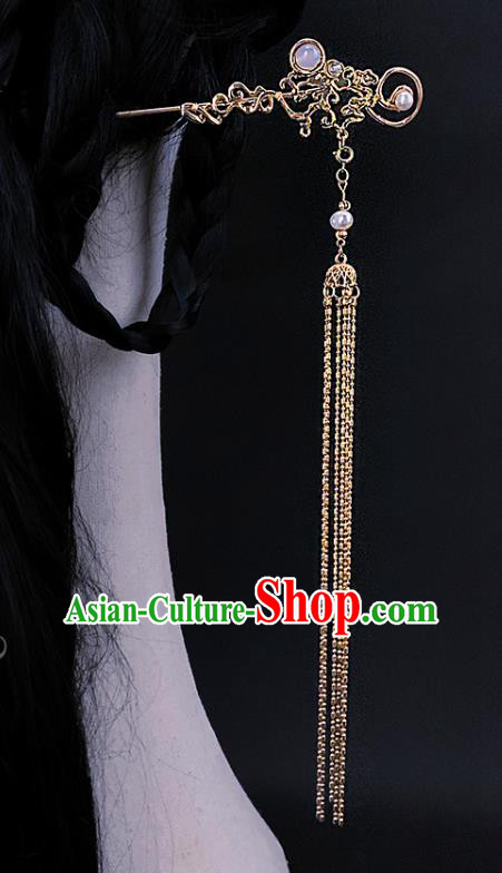 China Ancient Princess Golden Tassel Hairpin Handmade Traditional Ming Dynasty Court Lady Hair Stick