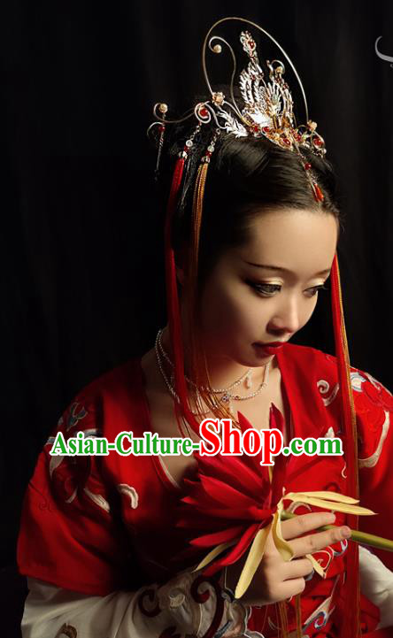 China Ancient Palace Lady Hair Accessories Handmade Traditional Tang Dynasty Princess Golden Phoenix Hair Crown