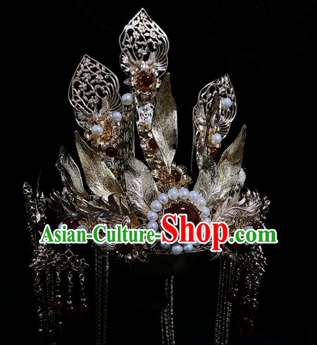 China Ancient Queen Hair Accessories Handmade Traditional Ming Dynasty Empress Golden Hair Crown
