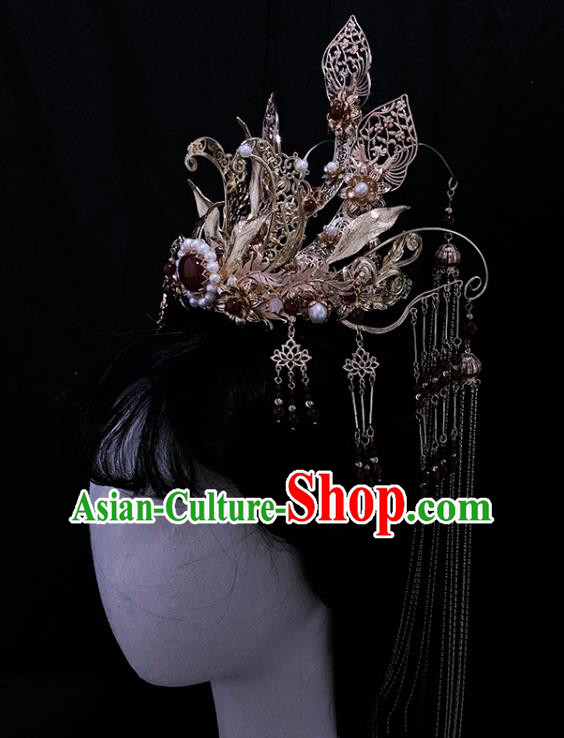 China Ancient Queen Hair Accessories Handmade Traditional Ming Dynasty Empress Golden Hair Crown
