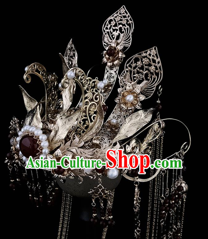 China Ancient Queen Hair Accessories Handmade Traditional Ming Dynasty Empress Golden Hair Crown