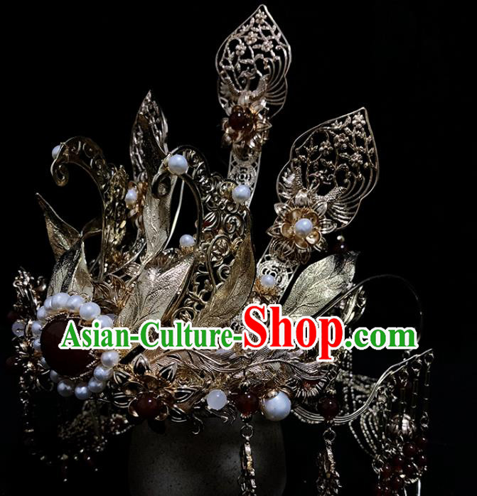 China Ancient Queen Hair Accessories Handmade Traditional Ming Dynasty Empress Golden Hair Crown