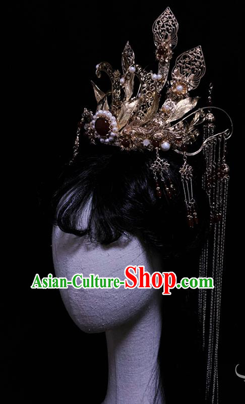 China Ancient Queen Hair Accessories Handmade Traditional Ming Dynasty Empress Golden Hair Crown