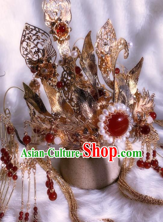 China Ancient Queen Hair Accessories Handmade Traditional Ming Dynasty Empress Golden Hair Crown