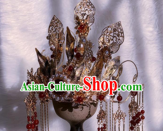 China Ancient Queen Hair Accessories Handmade Traditional Ming Dynasty Empress Golden Hair Crown
