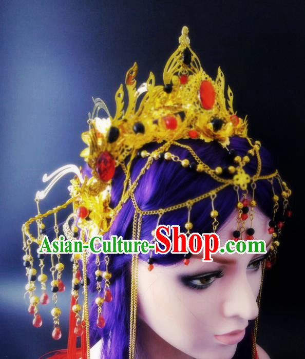 China Ancient Female Swordsman Headwear Handmade Traditional Cosplay Fairy Princess Golden Hair Crown