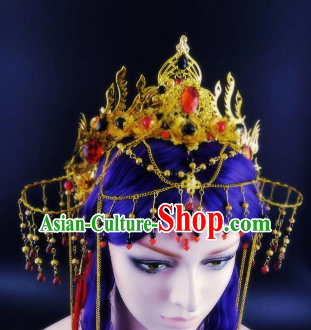 China Ancient Female Swordsman Headwear Handmade Traditional Cosplay Fairy Princess Golden Hair Crown