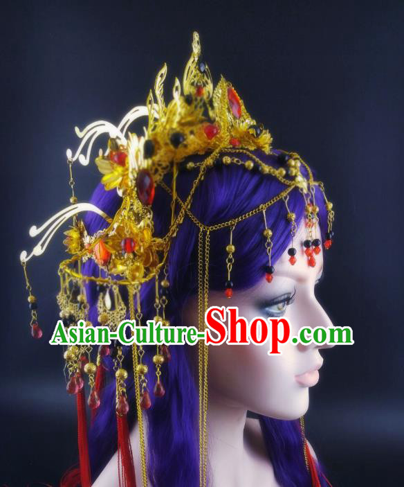 China Ancient Female Swordsman Headwear Handmade Traditional Cosplay Fairy Princess Golden Hair Crown