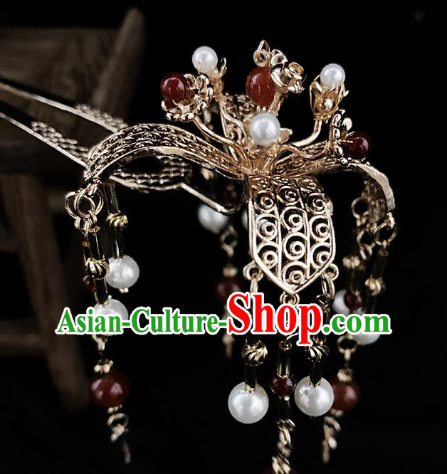 China Ancient Queen Golden Tassel Hairpin Handmade Traditional Tang Dynasty Wedding Hair Accessories