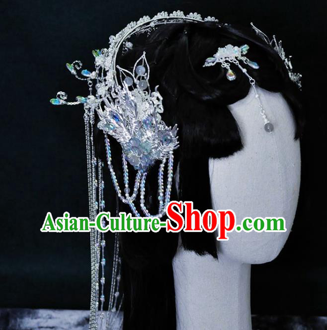 China Ancient Fairy Princess Headwear Handmade Traditional Cosplay Goddess Argent Tassel Hair Crown