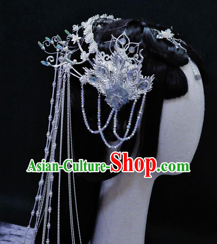 China Ancient Fairy Princess Headwear Handmade Traditional Cosplay Goddess Argent Tassel Hair Crown