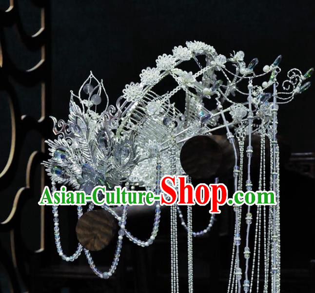 China Ancient Fairy Princess Headwear Handmade Traditional Cosplay Goddess Argent Tassel Hair Crown