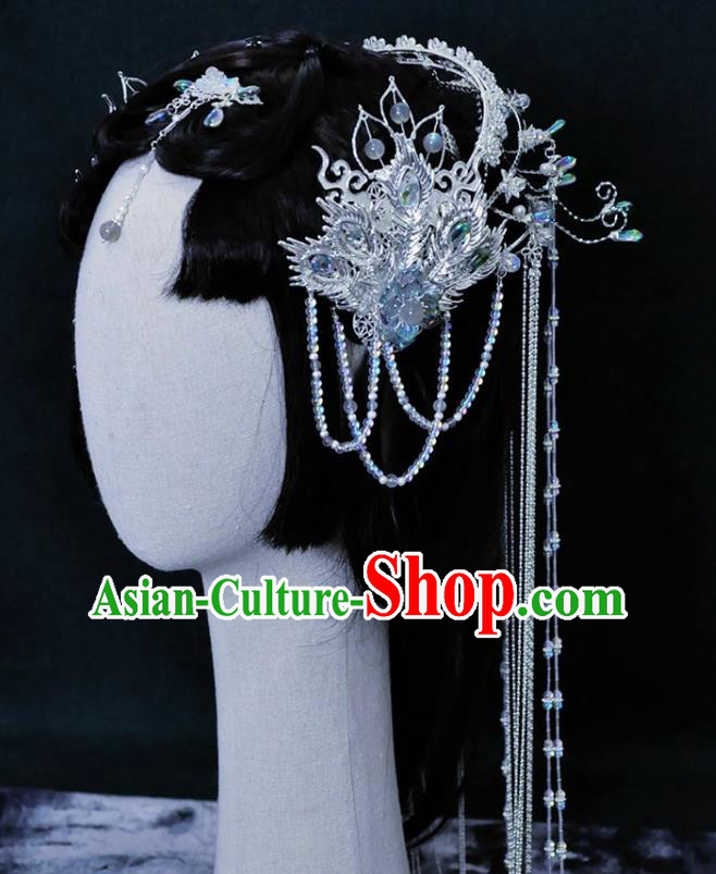 China Ancient Fairy Princess Headwear Handmade Traditional Cosplay Goddess Argent Tassel Hair Crown
