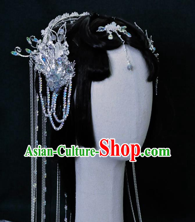 China Ancient Fairy Princess Headwear Handmade Traditional Cosplay Goddess Argent Tassel Hair Crown