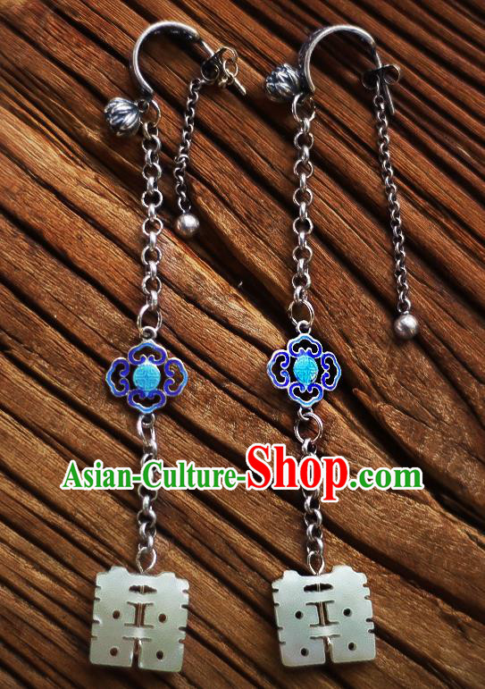 China Traditional Cheongsam Cloisonne Silver Ear Accessories National Wedding Jade Earrings