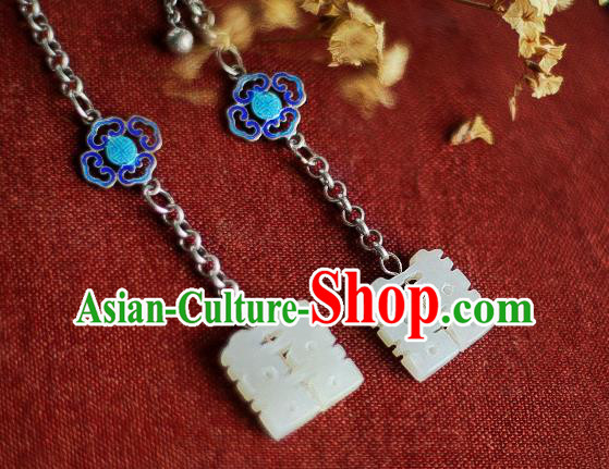 China Traditional Cheongsam Cloisonne Silver Ear Accessories National Wedding Jade Earrings