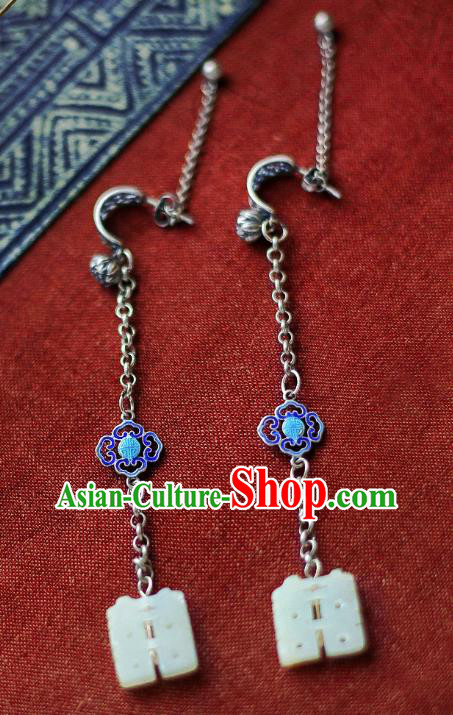 China Traditional Cheongsam Cloisonne Silver Ear Accessories National Wedding Jade Earrings