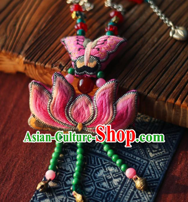 Chinese National Embroidered Pink Butterfly Lotus Necklace Pendant Miao Ethnic Tassel Necklet