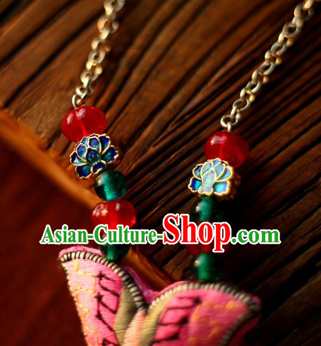 Chinese National Embroidered Pink Butterfly Lotus Necklace Pendant Miao Ethnic Tassel Necklet