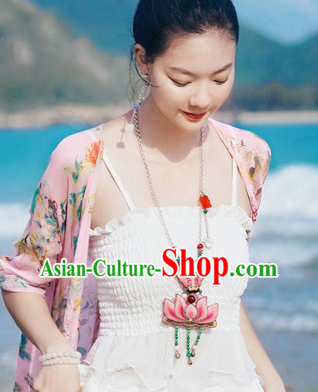 Chinese National Embroidered Pink Butterfly Lotus Necklace Pendant Miao Ethnic Tassel Necklet