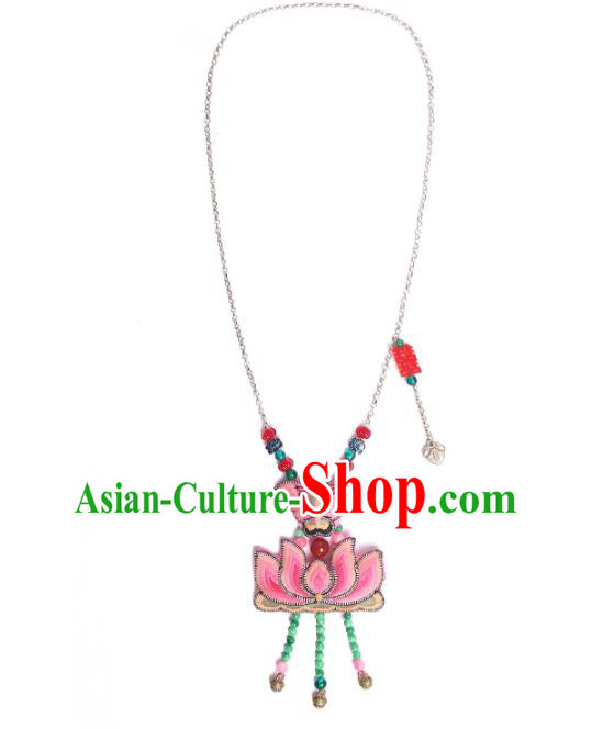 Chinese National Embroidered Pink Butterfly Lotus Necklace Pendant Miao Ethnic Tassel Necklet