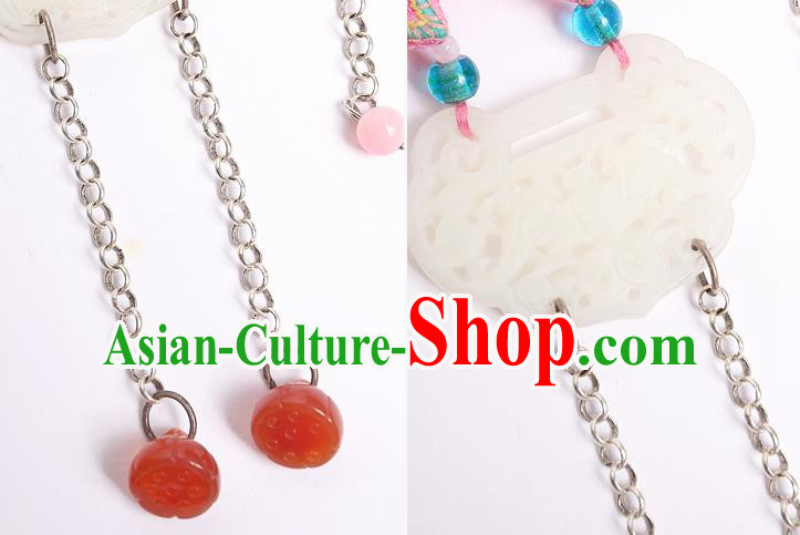 Chinese National Embroidered Pink Goldfish Necklace Miao Ethnic Jade Necklet Pendant