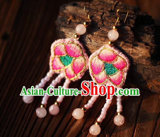 China Traditional Cheongsam Pink Beads Tassel Ear Accessories National Embroidered Earrings