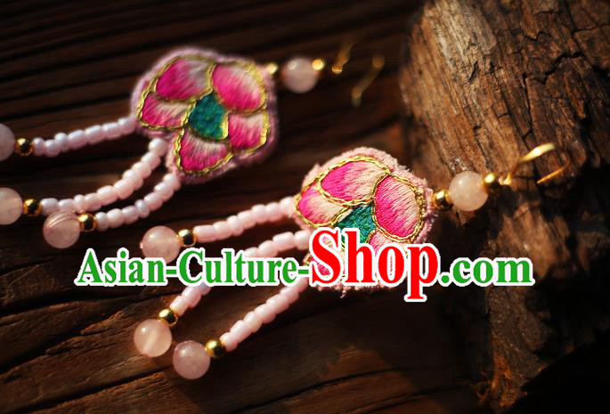 China Traditional Cheongsam Pink Beads Tassel Ear Accessories National Embroidered Earrings