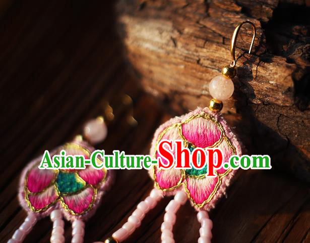 China Traditional Cheongsam Pink Beads Tassel Ear Accessories National Embroidered Earrings