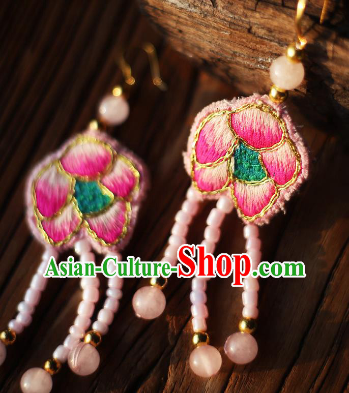 China Traditional Cheongsam Pink Beads Tassel Ear Accessories National Embroidered Earrings