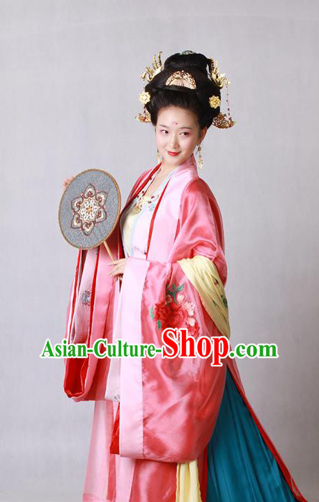 China Ancient Tang Dynasty Court Beauty Embroidered Hanfu Dress Wedding Historical Costumes and Headpieces Complete Set