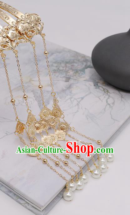 China Ancient Empress Pearls Tassel Hairpin Traditional Tang Dynasty Empress Palace Golden Hair Stick
